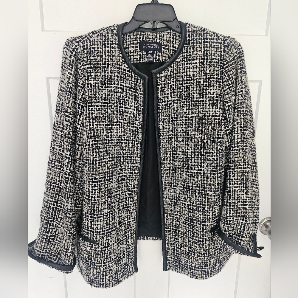 Jones New York Signature 22W Black White Tweed Blazer Faux Leather Trim